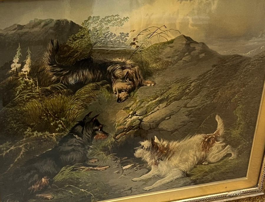 Two English school 19th Century style oil on canvas in large gilt frames, dogs hunting and dogs - Image 2 of 6