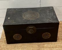 An oriental themed black leather trunk with red lacquer inside (H28cm W57cm D35cm)