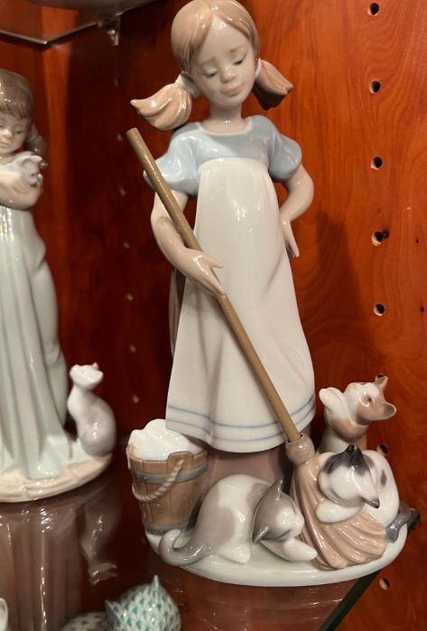 Three Lladro ladies, two with pig tails holding cats - Image 3 of 4