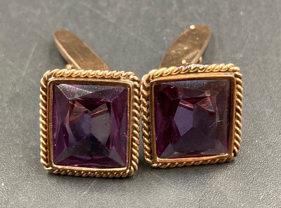 A pair of Gents Amethyst and yellow gold cuff links, marked 14K, Approximate Total weight 7g