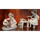 Two Lladro porcelain figures, a cradle of kittens and Meal Time
