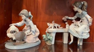 Two Lladro porcelain figures, a cradle of kittens and Meal Time