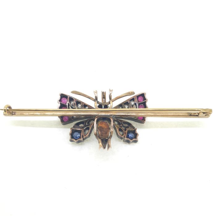 Victorian butterfly set with ruby, sapphire and rose cut diamonds in the wings. The body is - Image 2 of 2