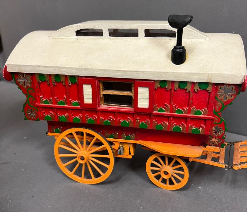 A wooden model of a Gypsy caravan with moving parts and china horse, stamped to base - Image 2 of 8