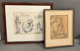 Two print sketches of a lady and child