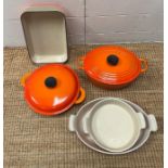 A selection of Le Creuset stoneware, rectangular oven dish, shallow casserole and oval oven dishes