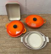 A selection of Le Creuset stoneware, rectangular oven dish, shallow casserole and oval oven dishes