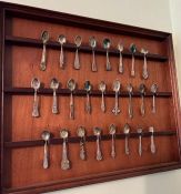 Twenty Five collector spoons on a wooden display case