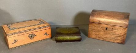 Three assorted boxes including a domed tea caddy and a Aegte Bronce bronze cigarette box