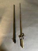 A cruciform bayonet with quillon and scabbard