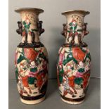 Two Chinese crackle glazed vases, hand painted with warrior scenes (H30cm)