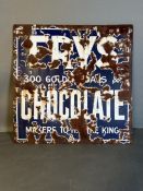 A vintage blue and white enamel sign for Frys Chocolate AF 61x61