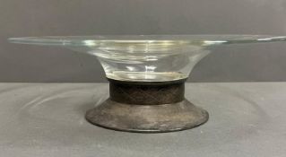 A glass dish with a white metal foot (Dia 36cm H11cm)