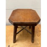 A small wooden stool on square top seat with cross stretcher to legs (H30cm SQ22cm) AF