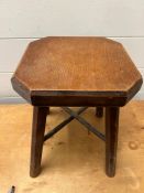 A small wooden stool on square top seat with cross stretcher to legs (H30cm SQ22cm) AF