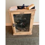 John Bell Medical display cabinet with original surgical tools (H52cm W40cm D26cm)