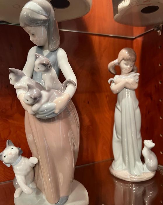 Three Lladro ladies, two with pig tails holding cats - Image 4 of 4