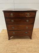 A mahogany four drawer chest of drawers on splade feet on brass drop handles (H 71 cm x D 44cm x W