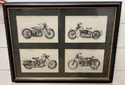 A print of four Harley Davidson motorbikes in one frame