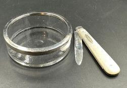 A hallmarked silver and glass pin dish and a mother of pearl and silver fruit knife.