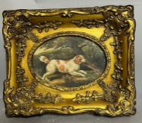 A miniature oil of a dog in woodland in a gilt frame 18cm x 15cm