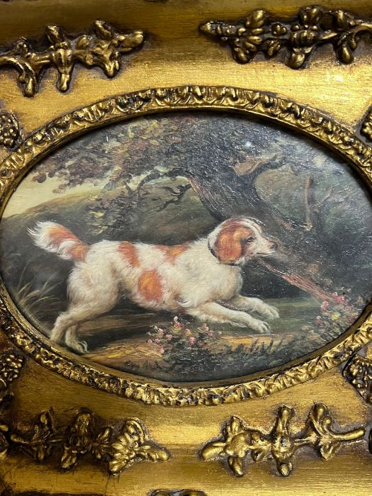 A miniature oil of a dog in woodland in a gilt frame 18cm x 15cm - Image 2 of 6