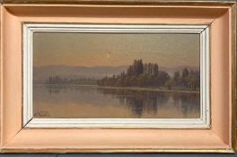 An oil on canvas lake side landscape painting by Swiss artist Alexis Vautier signed lower left
