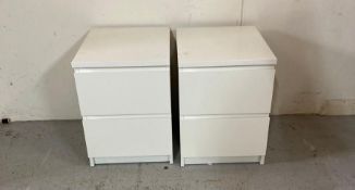 A pair of white contemporary two drawer bedsides (H55cm W48cm D40cm)