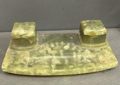 A green onyx desk tidy and ink well