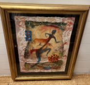A Mixed media painting of tribal figures, on parchment signed to bottom.