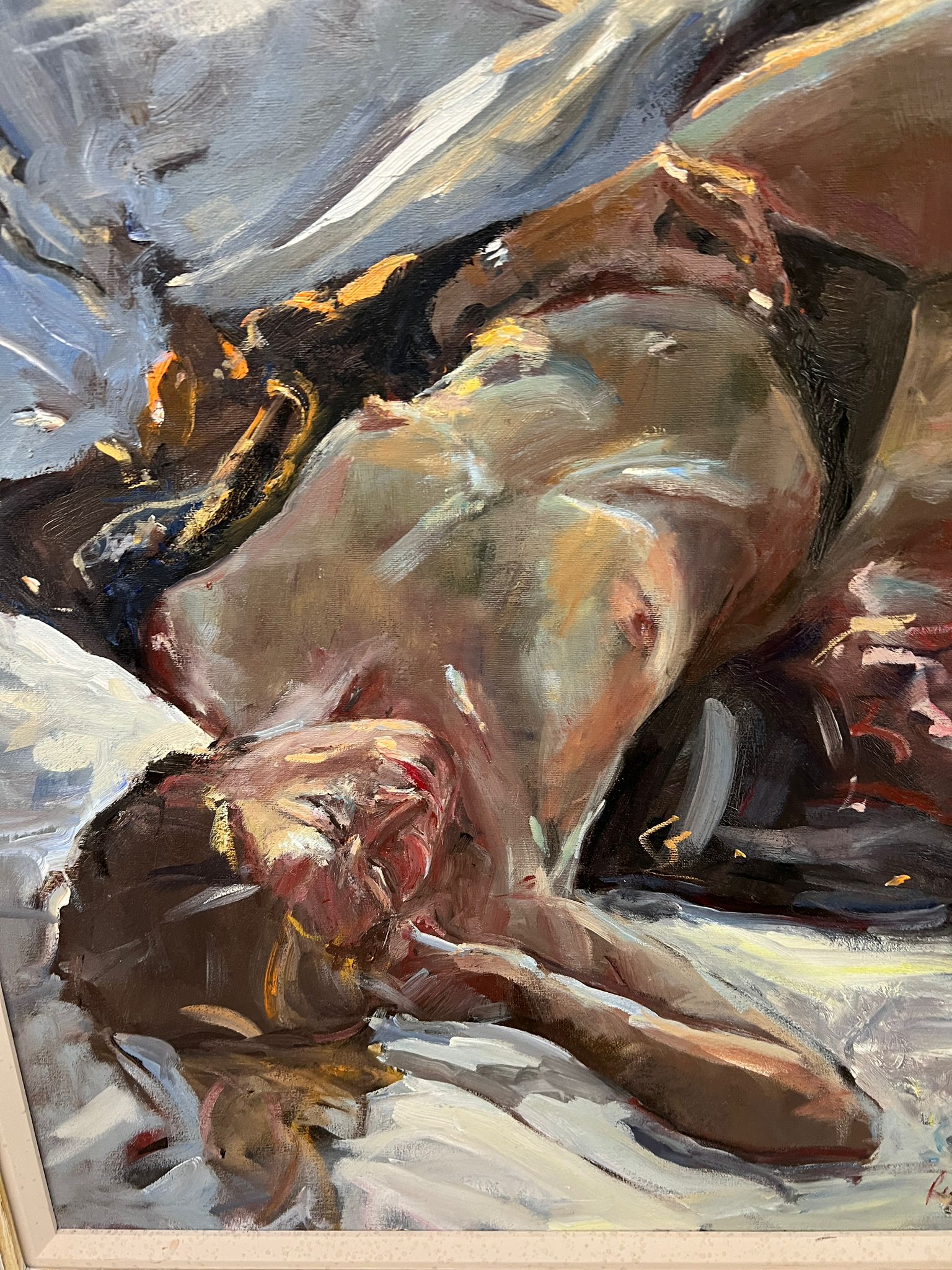 An oil on canvas of a lady in stockings lying on her bed AF (Framed Size 97cm x 82cm) - Image 3 of 6