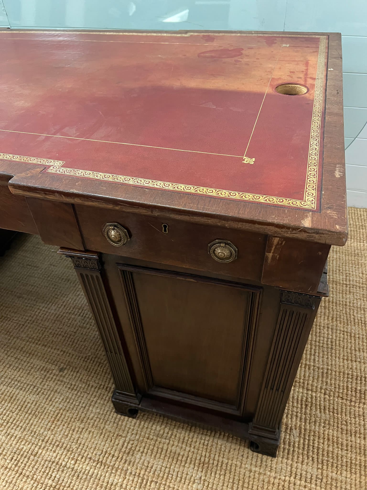 A early 20th Century double pedestal desk mahogany partners desk with a gold tooled red leather - Image 8 of 8