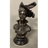 A bronze sculpture of a Victorian lady with plumed hat on plinth (H24cm)