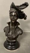 A bronze sculpture of a Victorian lady with plumed hat on plinth (H24cm)