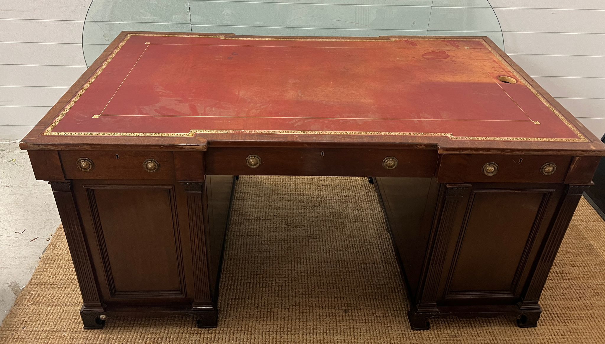 A early 20th Century double pedestal desk mahogany partners desk with a gold tooled red leather - Image 2 of 8