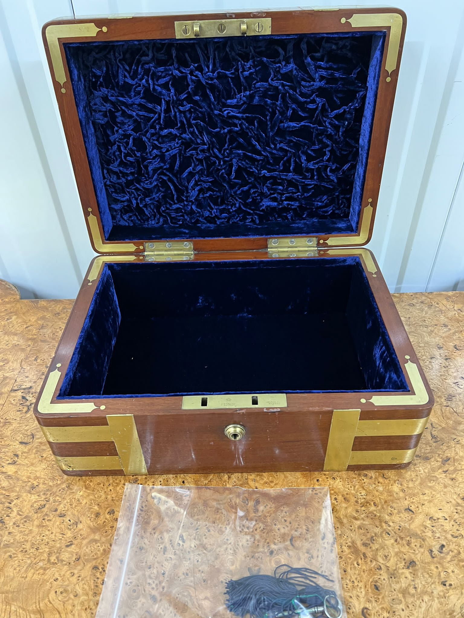 A Brass bound campaign, blue velvet lined correspondence box (36cm x 26cm x 15cm) - Image 5 of 8