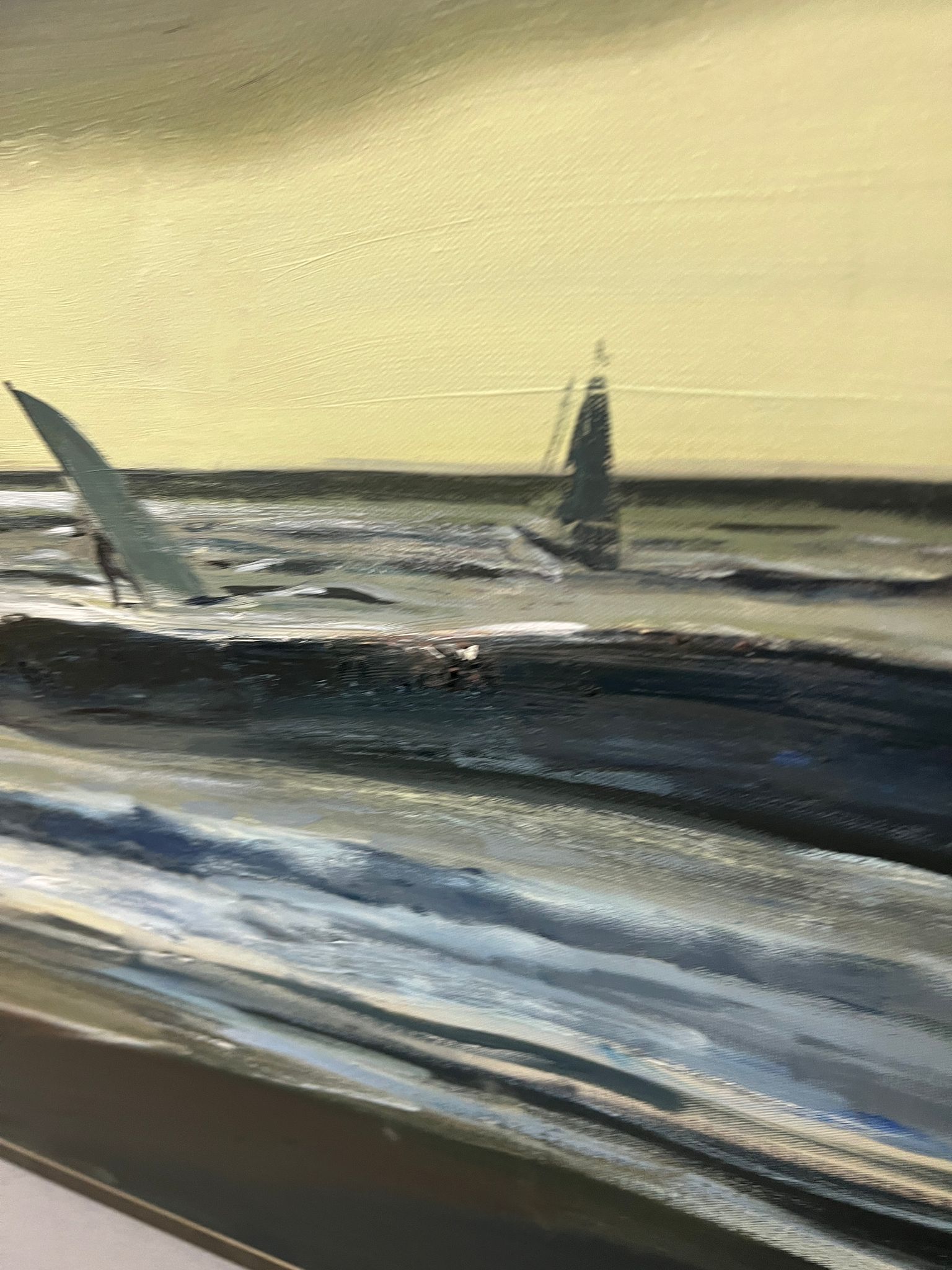 Oil on canvas of a surfing scene, unsigned (70cm x 190cm), boxed framed - Image 4 of 7