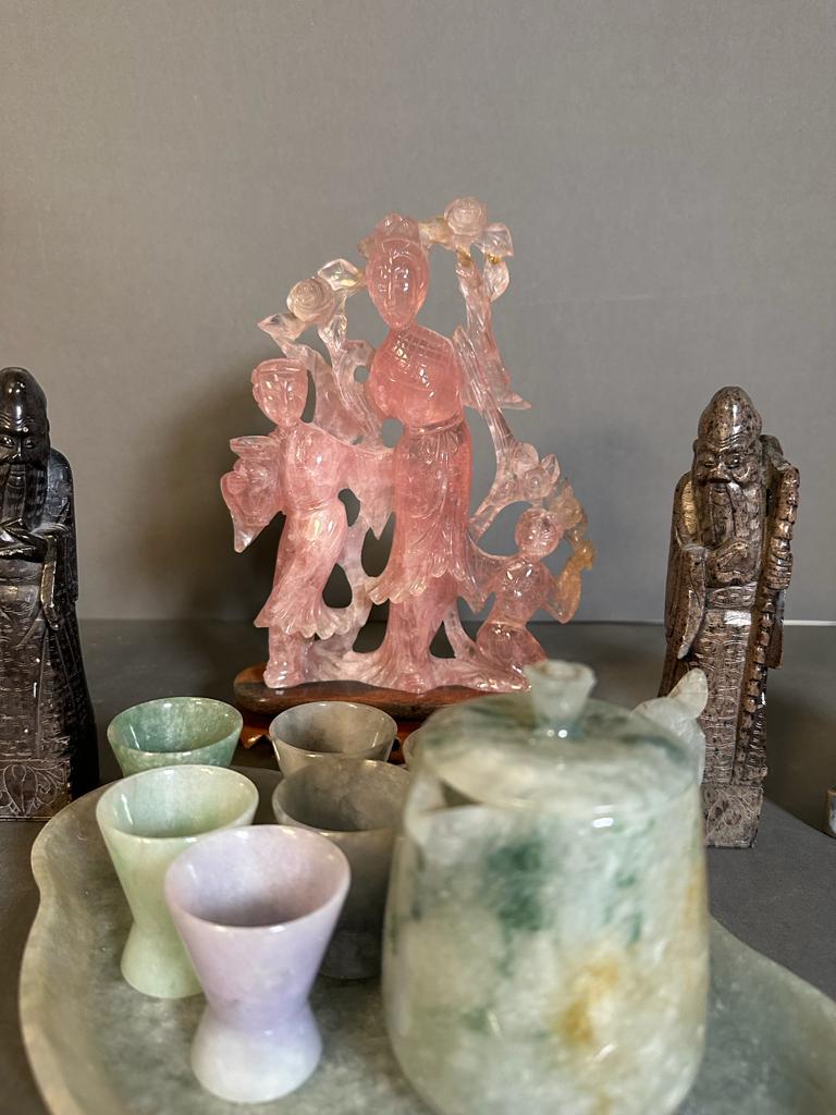 A selection of Chinese items to include two stone figures, two china figures, an AF rose quartz - Image 4 of 5