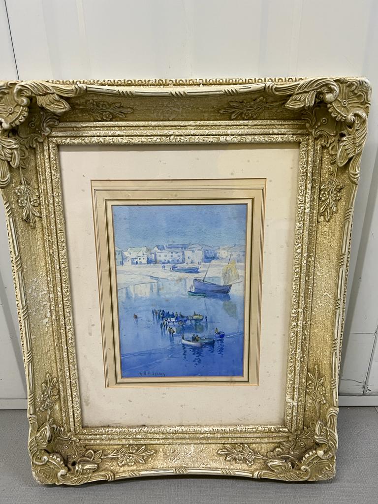 Will E Osborn signed bottom left a watercolour of fishing boats landing in ornate gilt frame.