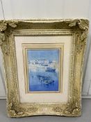 Will E Osborn signed bottom left a watercolour of fishing boats landing in ornate gilt frame.