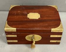 A brass banded watch box with key, two watches.