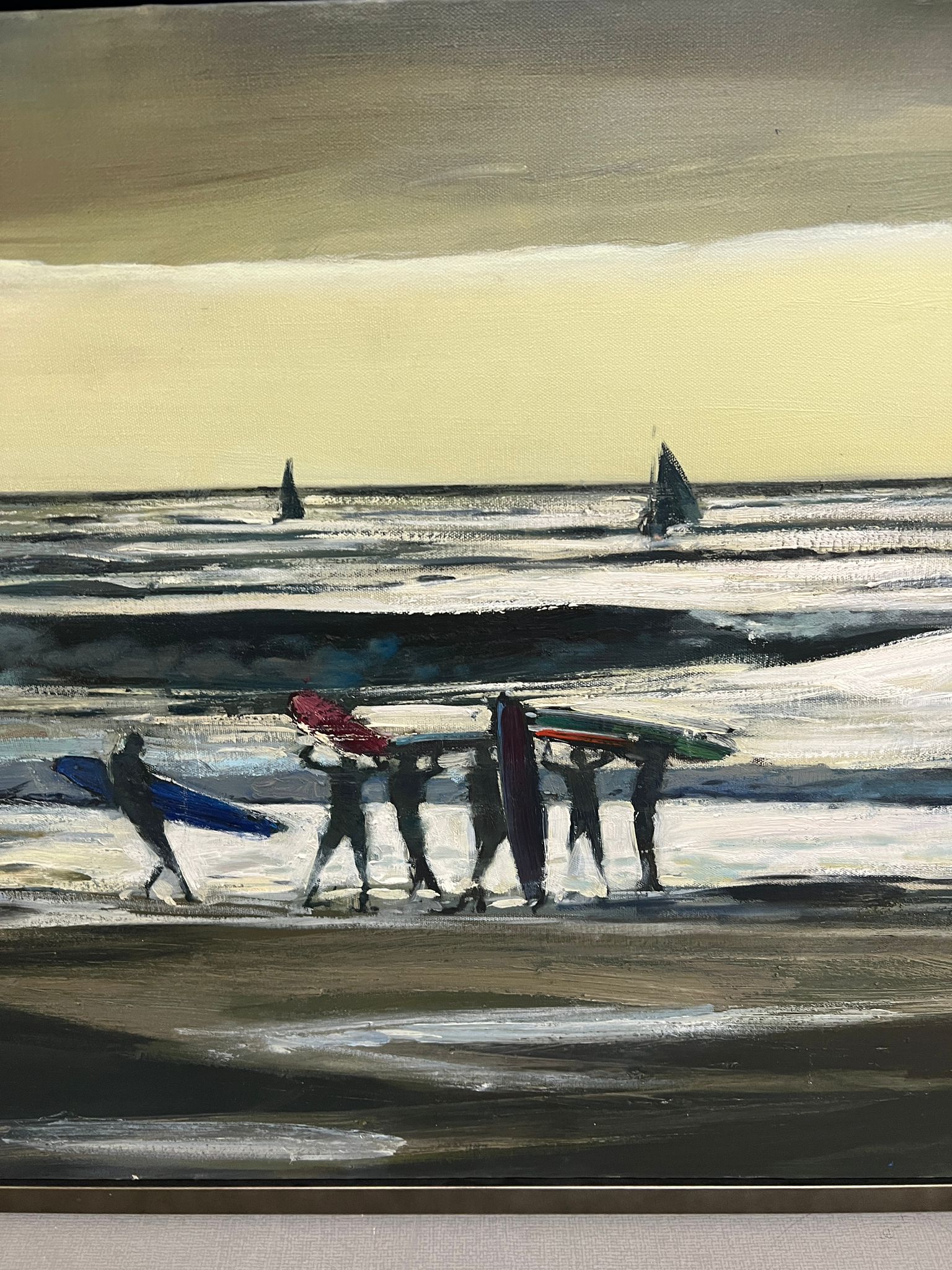 Oil on canvas of a surfing scene, unsigned (70cm x 190cm), boxed framed - Image 5 of 7