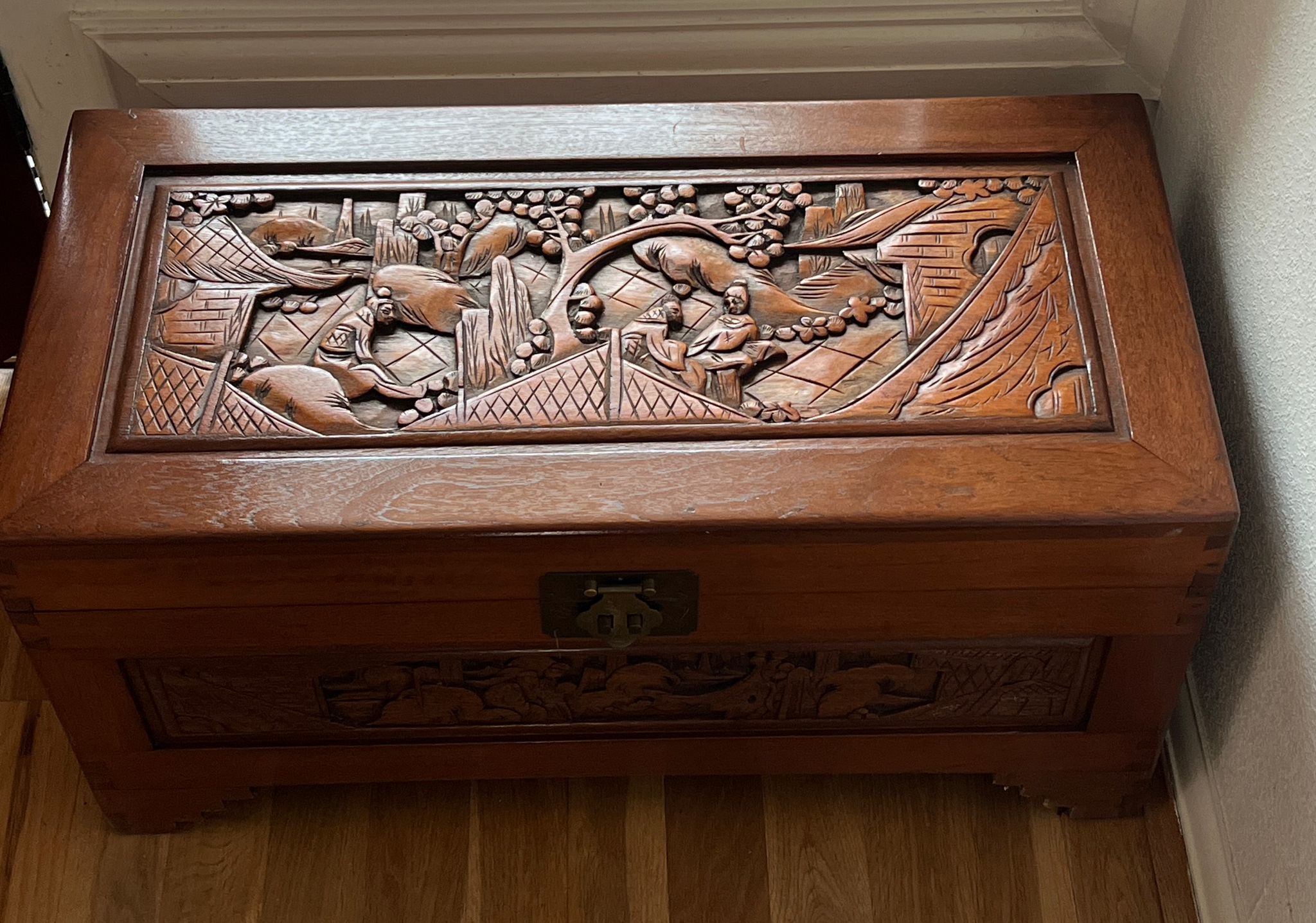 A camphor chest with brass fittings and carved pastural scene (74cm x 36cm x 40cm) - Image 6 of 7