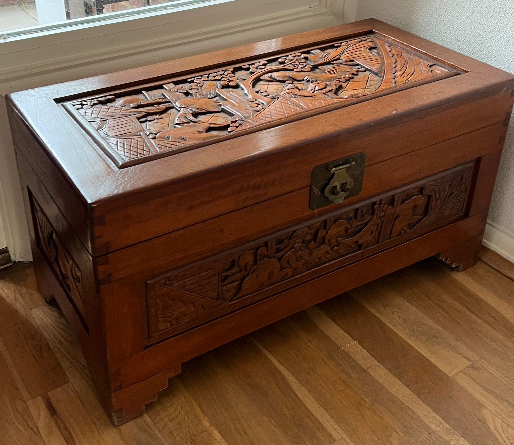 A camphor chest with brass fittings and carved pastural scene (74cm x 36cm x 40cm) - Image 2 of 7