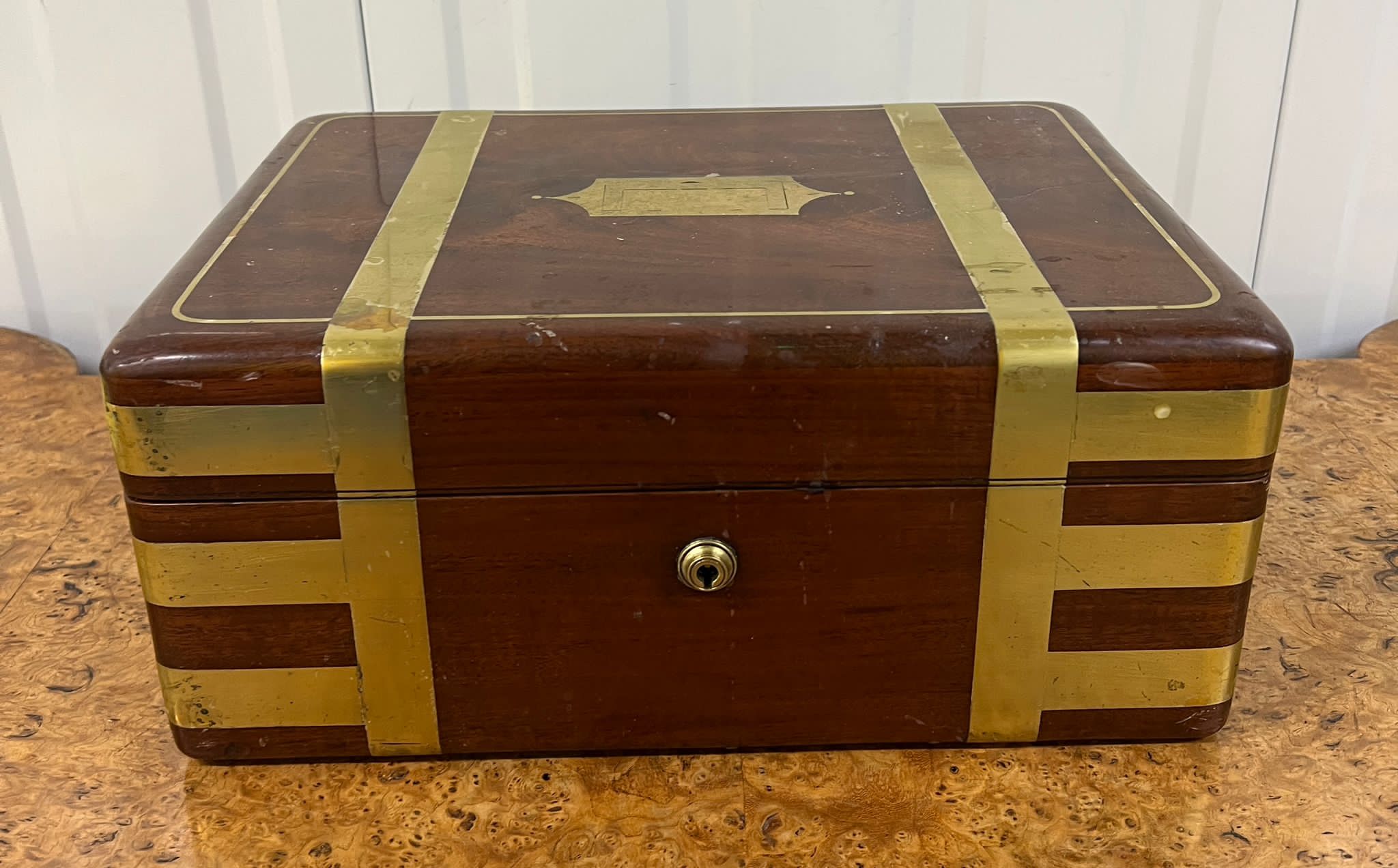 A Brass bound campaign, blue velvet lined correspondence box (36cm x 26cm x 15cm)