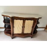 A marble topped credenza, mirror backed shelved sides in a rococo style and curtained doors (168cm x