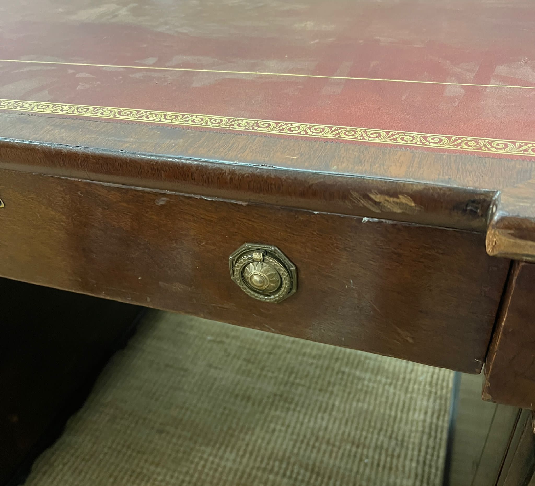 A early 20th Century double pedestal desk mahogany partners desk with a gold tooled red leather - Image 7 of 8