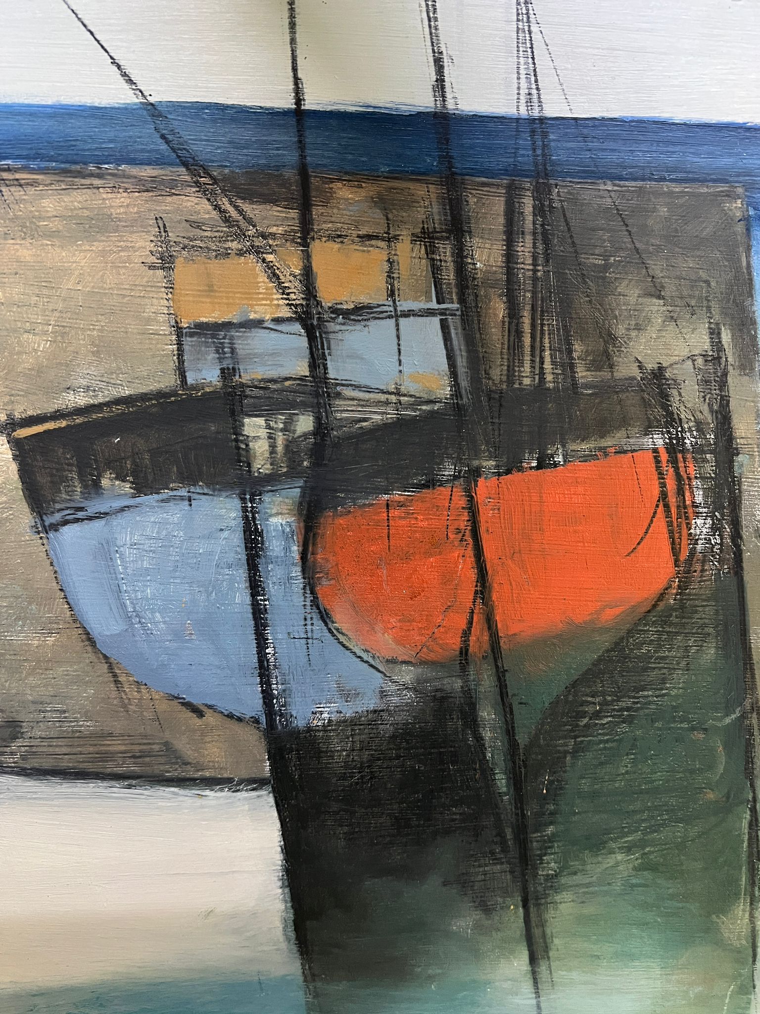 M J Praed (British B 1941) Oil on board Harbour Forms 93 82cm x 44cm - Image 5 of 5