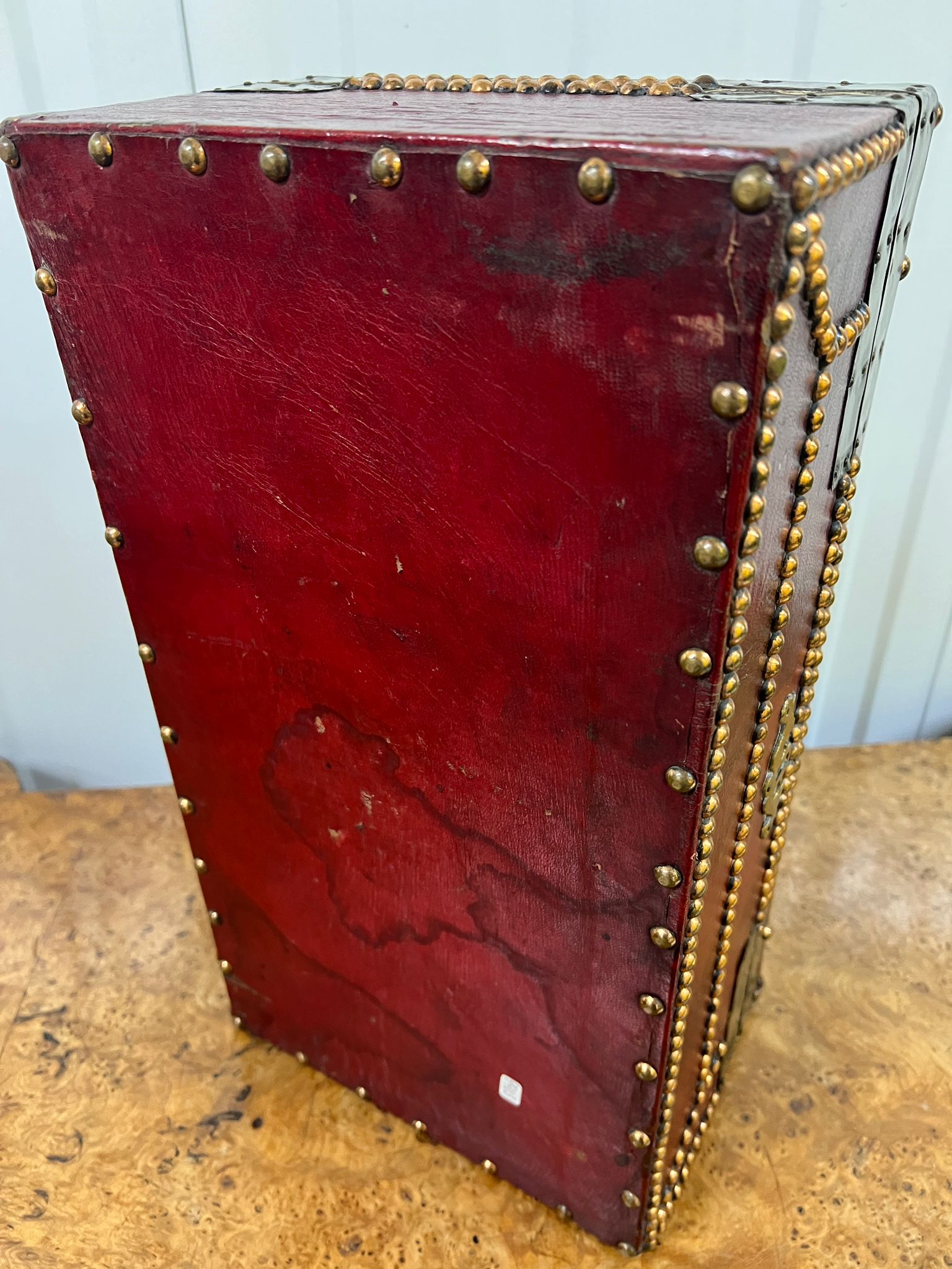 A red leather and brass deed box with stud detail (40cm x 23cm x 15cm) Dated to c 1750 Daniel - Image 4 of 4