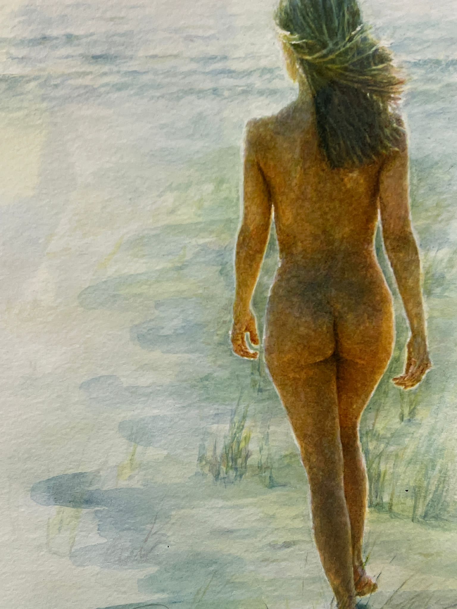 Julia Pearson watercolour nude walking on a beach signed bottom left, 41cm x 53cm - Image 2 of 3